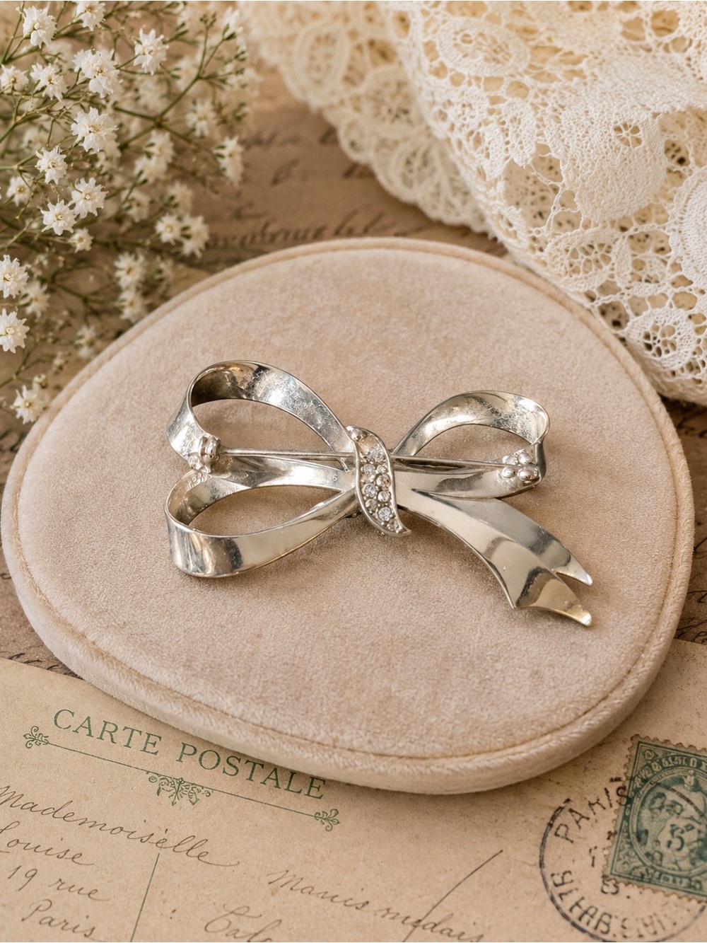 Vintage Silver Tone Ribbon Bow Brooch Minimalist Rhinestone Pin F